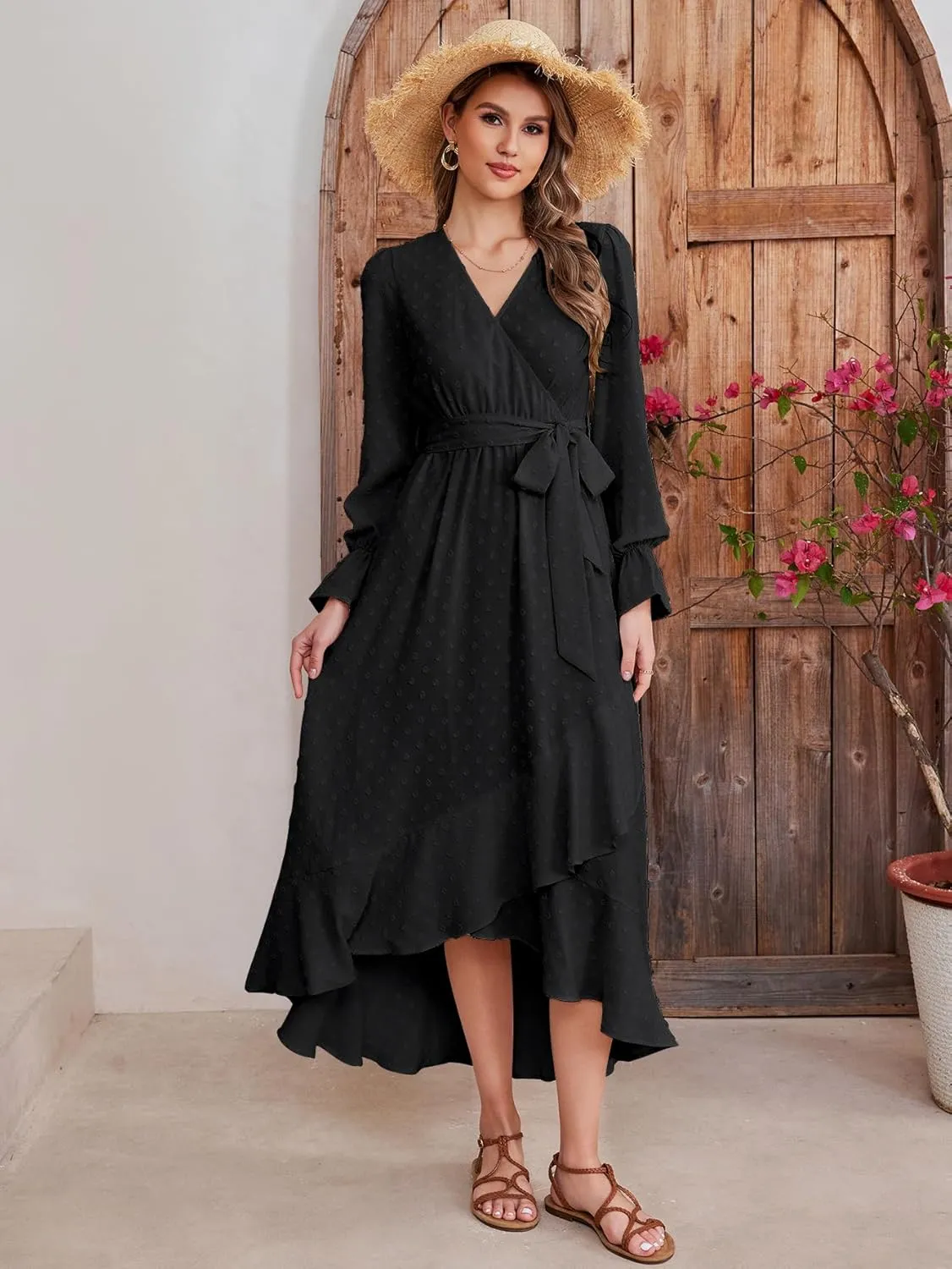 KUTUMAI Women 2024 Swiss Dot Maxi Dress V Neck Wrap Belted Ruffle A Line Flowy Boho Wedding Guest Long Dresses