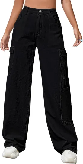 LONGBIDA Women's High Waisted Cargo Jeans Y2K Straight Wide Leg Baggy Jean Loose Denim Cargos Pants Trousers