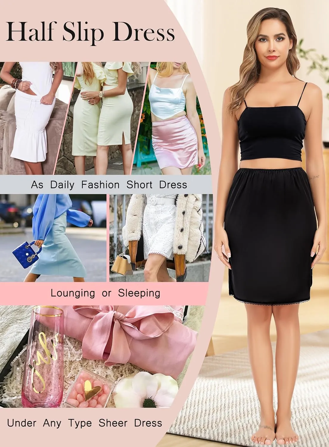 Lovasy Half Slips for Women Silk Underskirt Anti-Static Short Mini Skirt with Floral Lace Trim Satin Slip Dress for Skirt