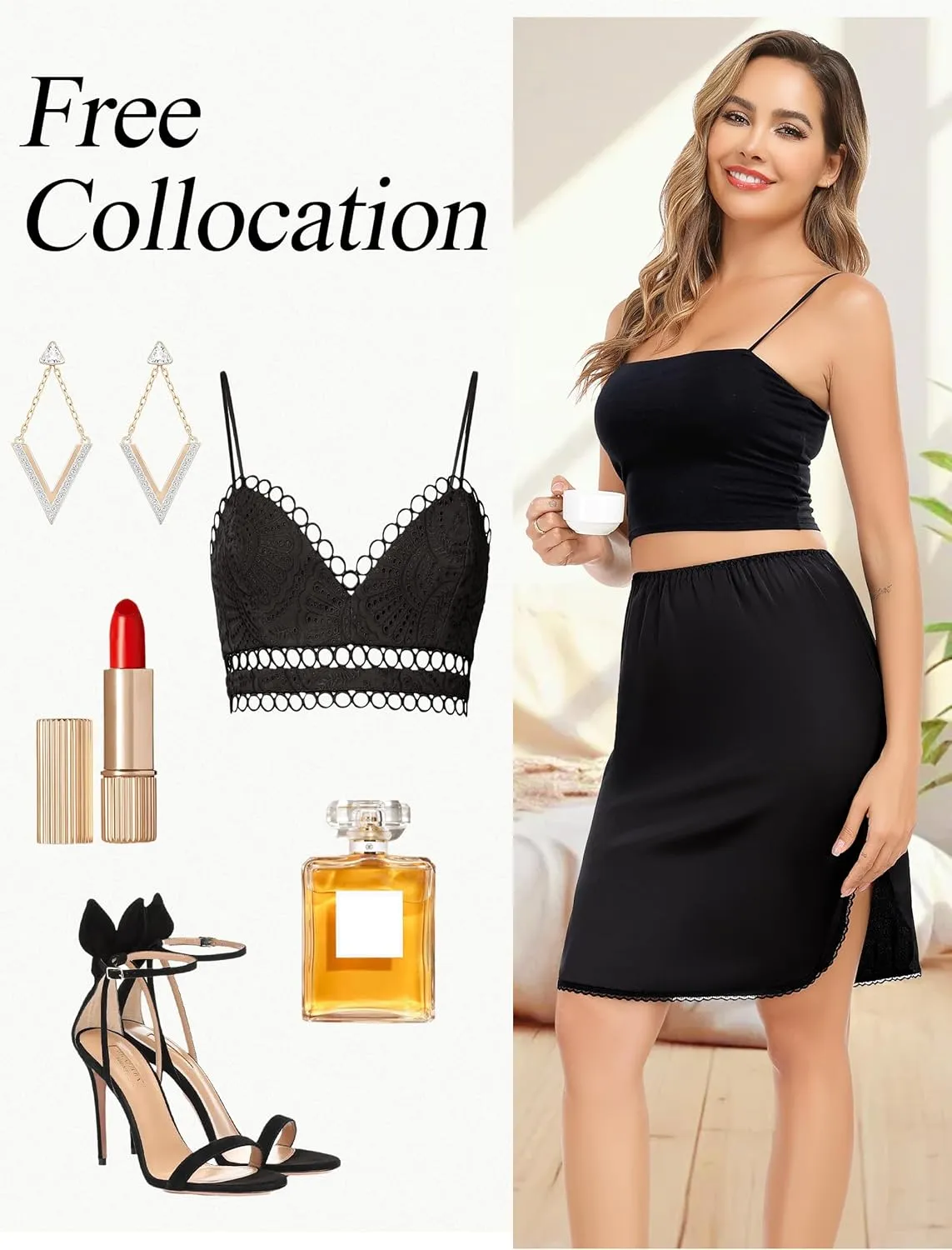 Lovasy Half Slips for Women Silk Underskirt Anti-Static Short Mini Skirt with Floral Lace Trim Satin Slip Dress for Skirt