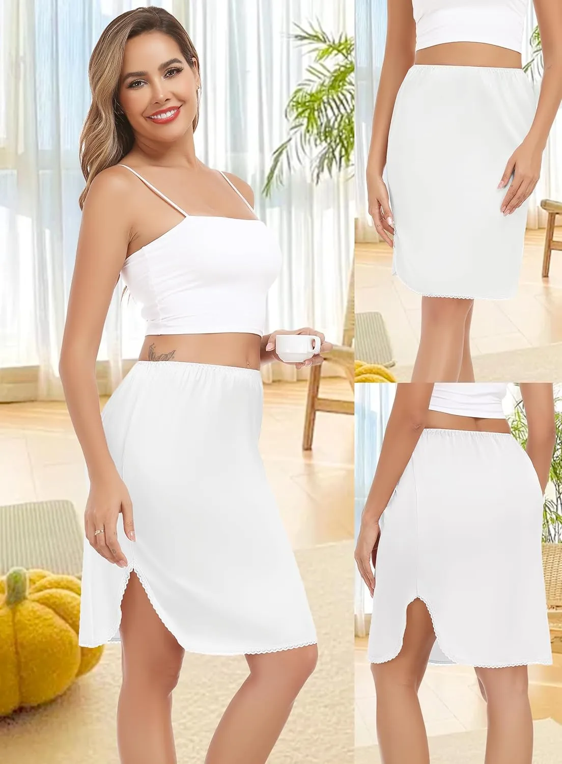 Lovasy Half Slips for Women Silk Underskirt Anti-Static Short Mini Skirt with Floral Lace Trim Satin Slip Dress for Skirt