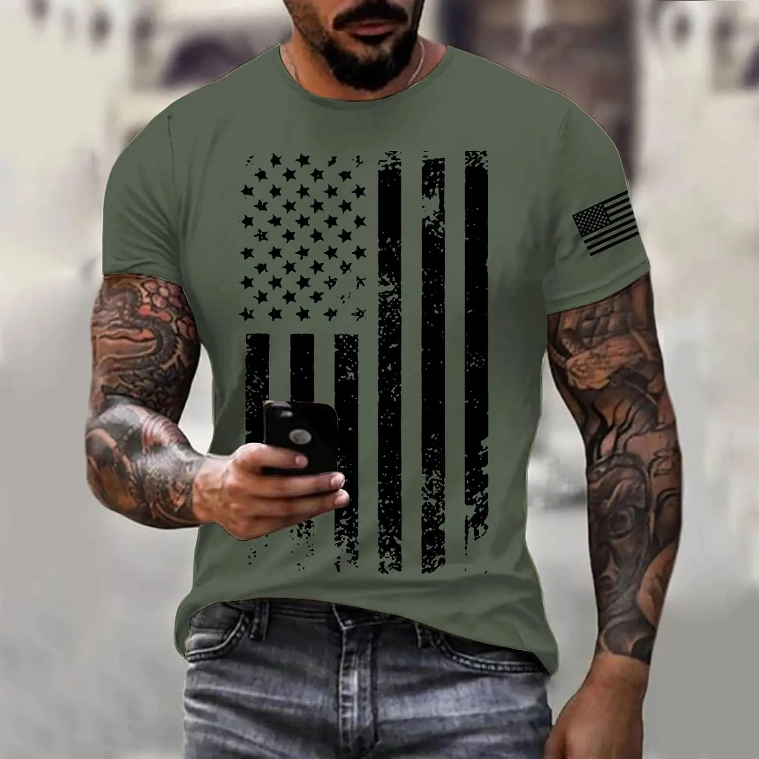 Men American Flag Patriotic T Shirt Independence Day July 4th Short Sleeve Top Short Sleeve Crewneck Casual USA Tees