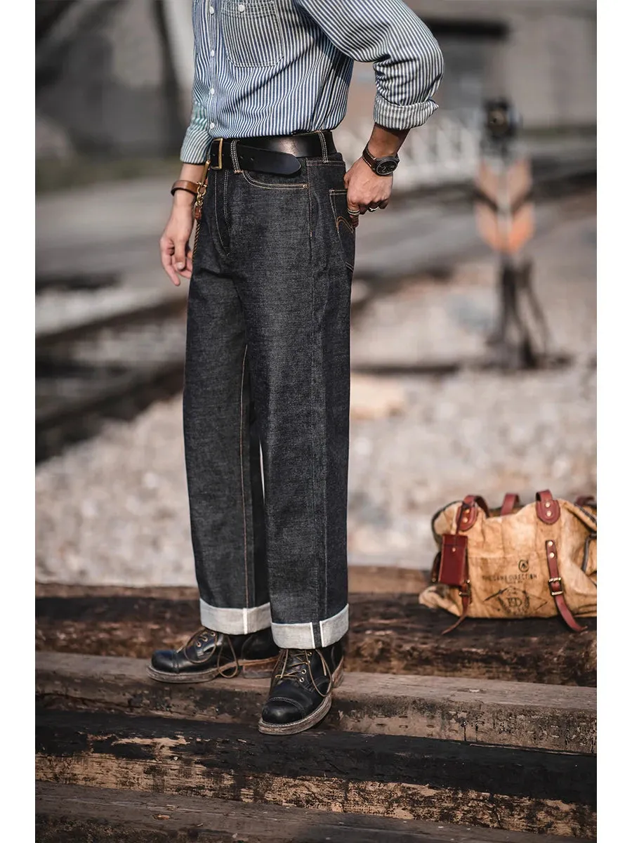 Men's Selvedge Denim Mid-waist Straight Vintage Jeans