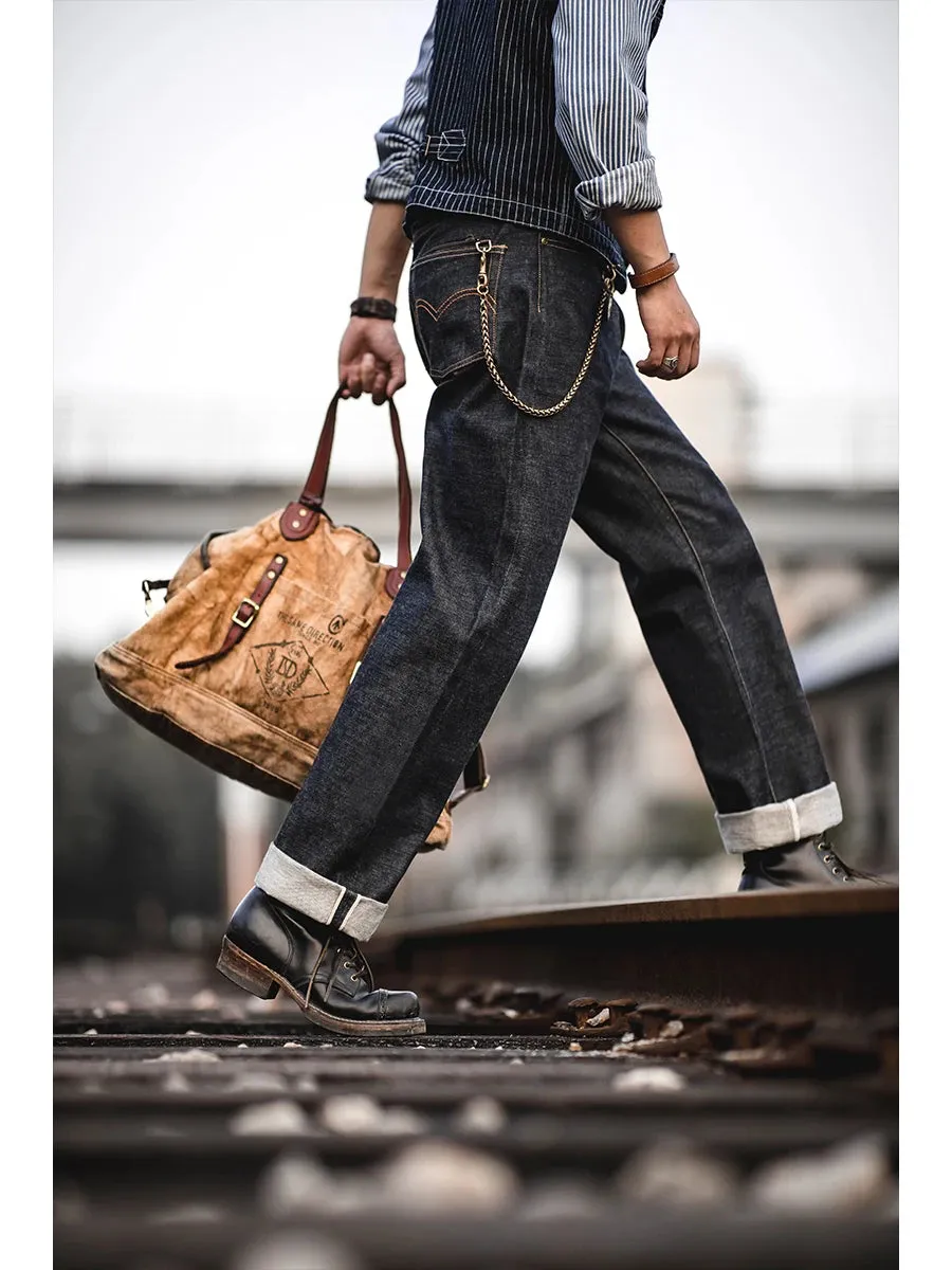 Men's Selvedge Denim Mid-waist Straight Vintage Jeans