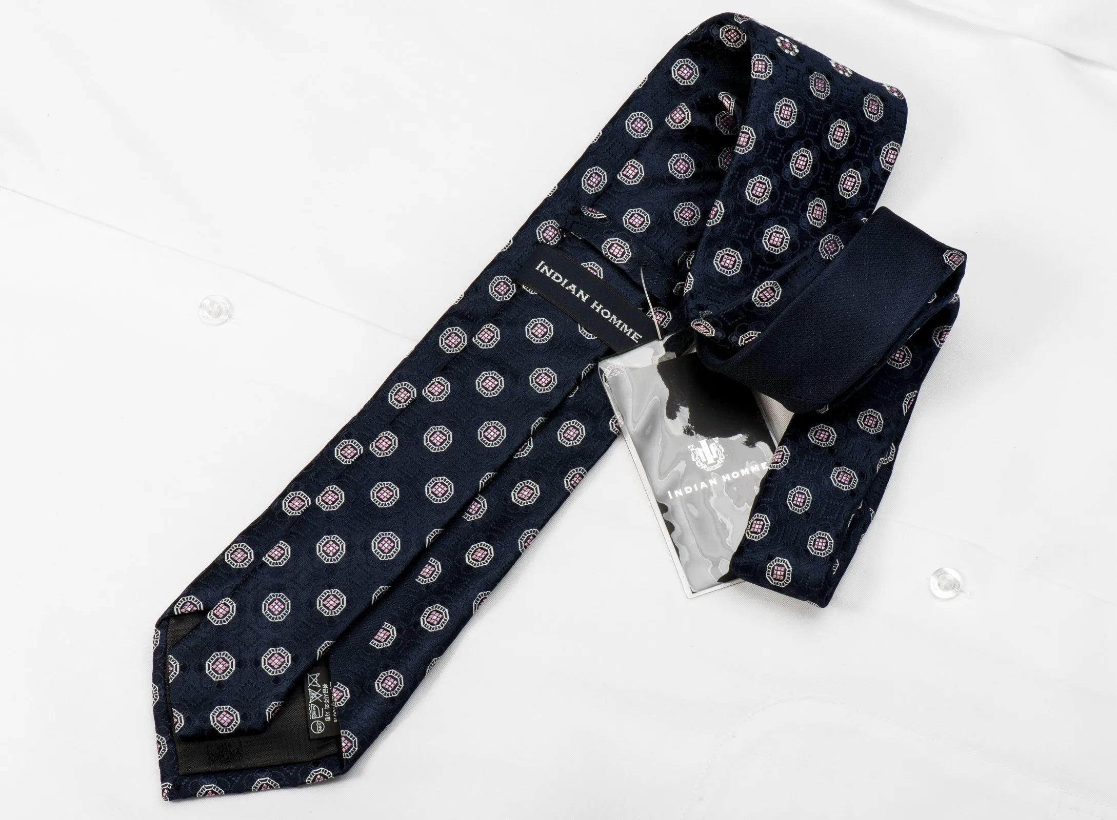 Men's Silk Necktie Silver Medallions On Navy Sparkling With Crystal Rhinestones