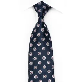 Men's Silk Necktie Silver Medallions On Navy Sparkling With Crystal Rhinestones