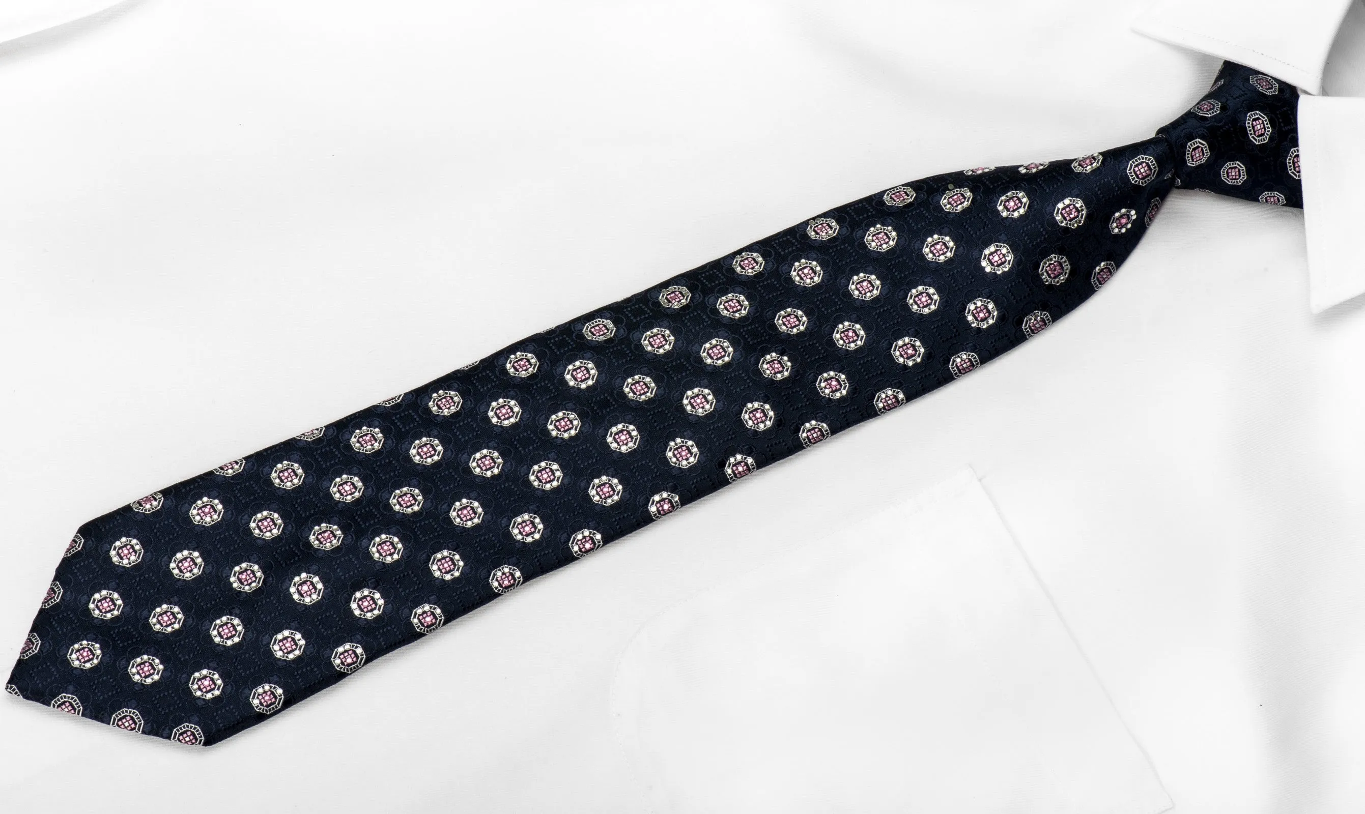 Men's Silk Necktie Silver Medallions On Navy Sparkling With Crystal Rhinestones