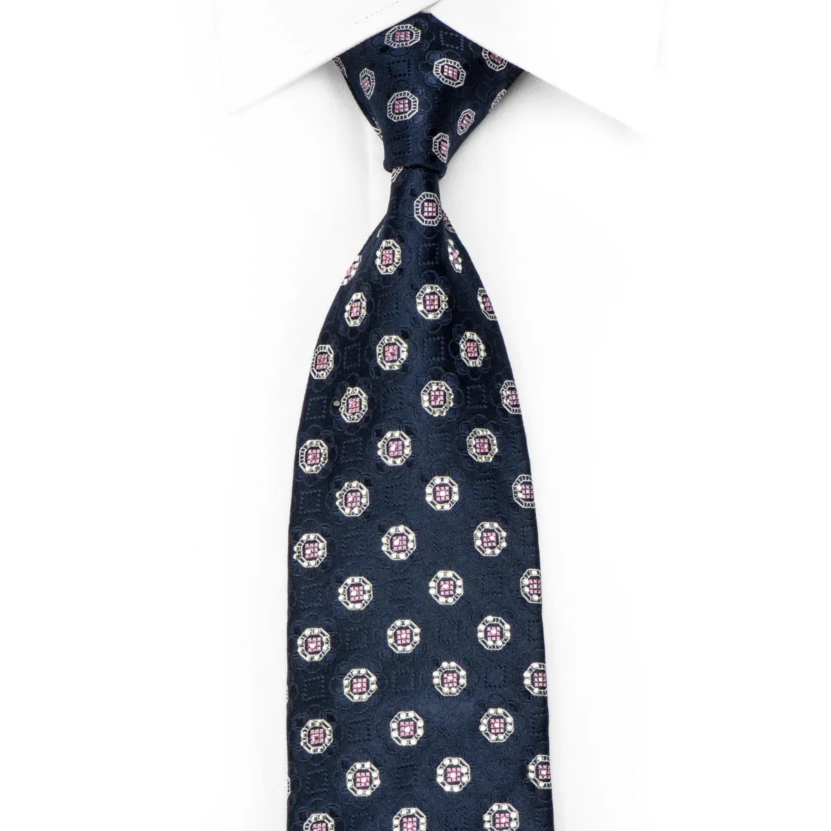 Men's Silk Necktie Silver Medallions On Navy Sparkling With Crystal Rhinestones