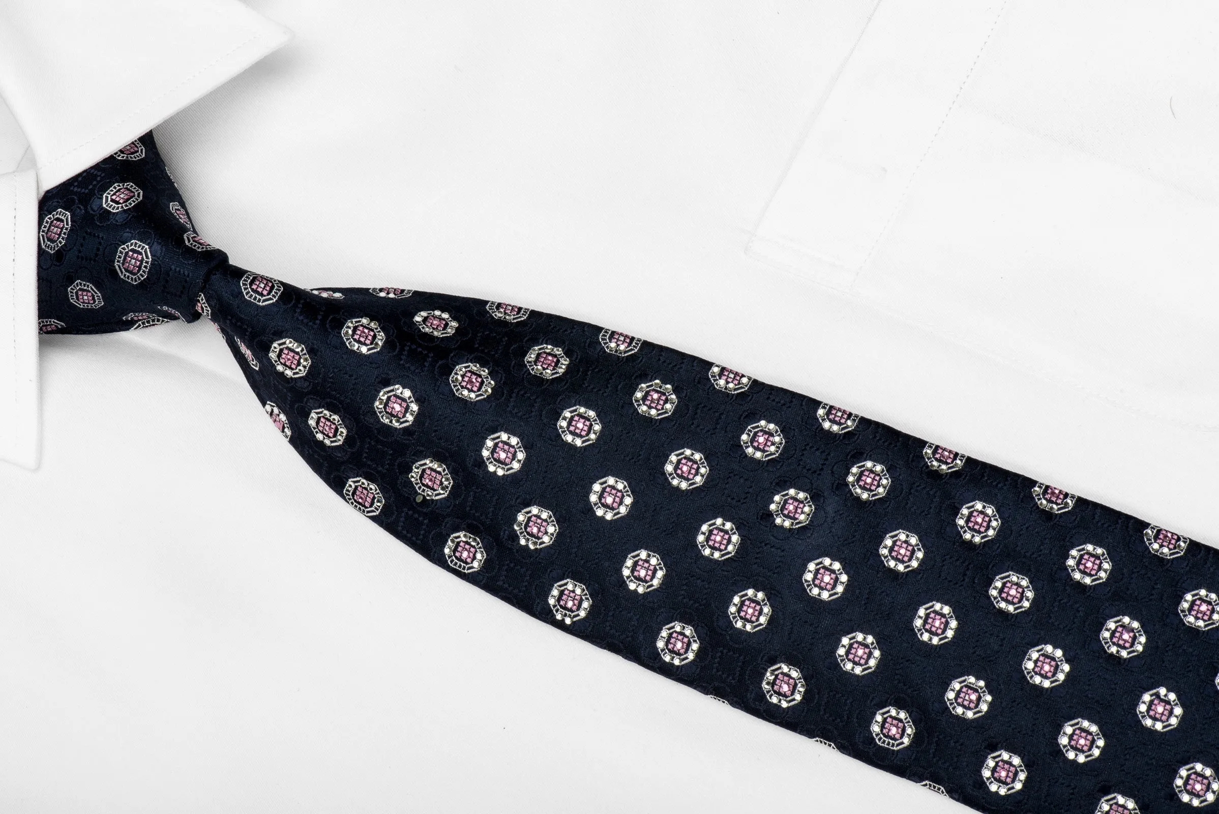 Men's Silk Necktie Silver Medallions On Navy Sparkling With Crystal Rhinestones