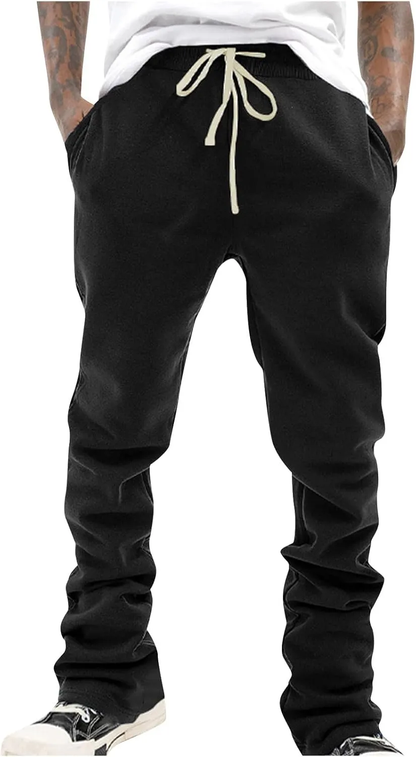 Mens Stacked Flared Joggers Open Front Drawstring Waist Sweatpants Casual Sport Athletic Pants with Pockets
