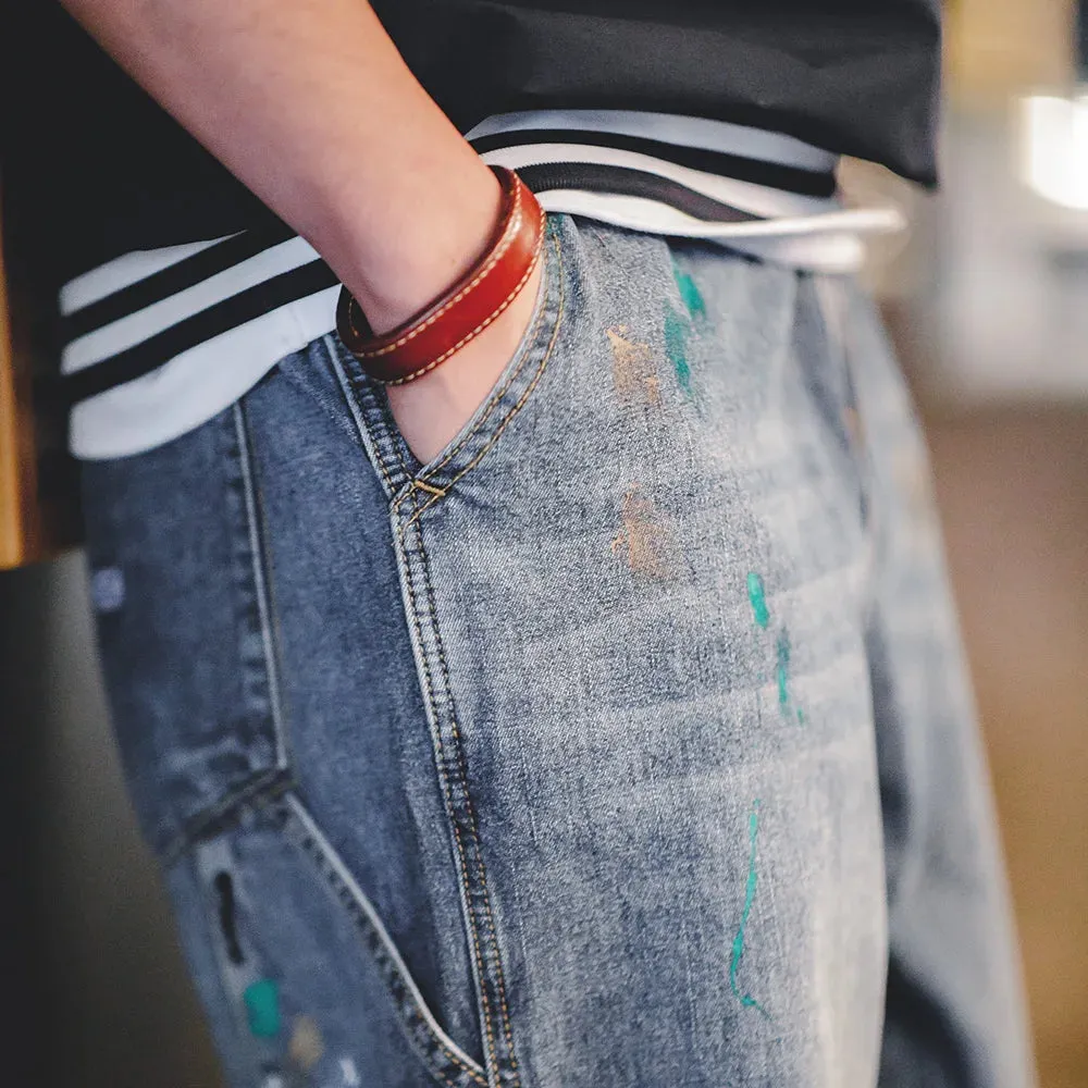 Mens Vintage Ink Graffiti Jeans - Light Blue Wash Straight Pants