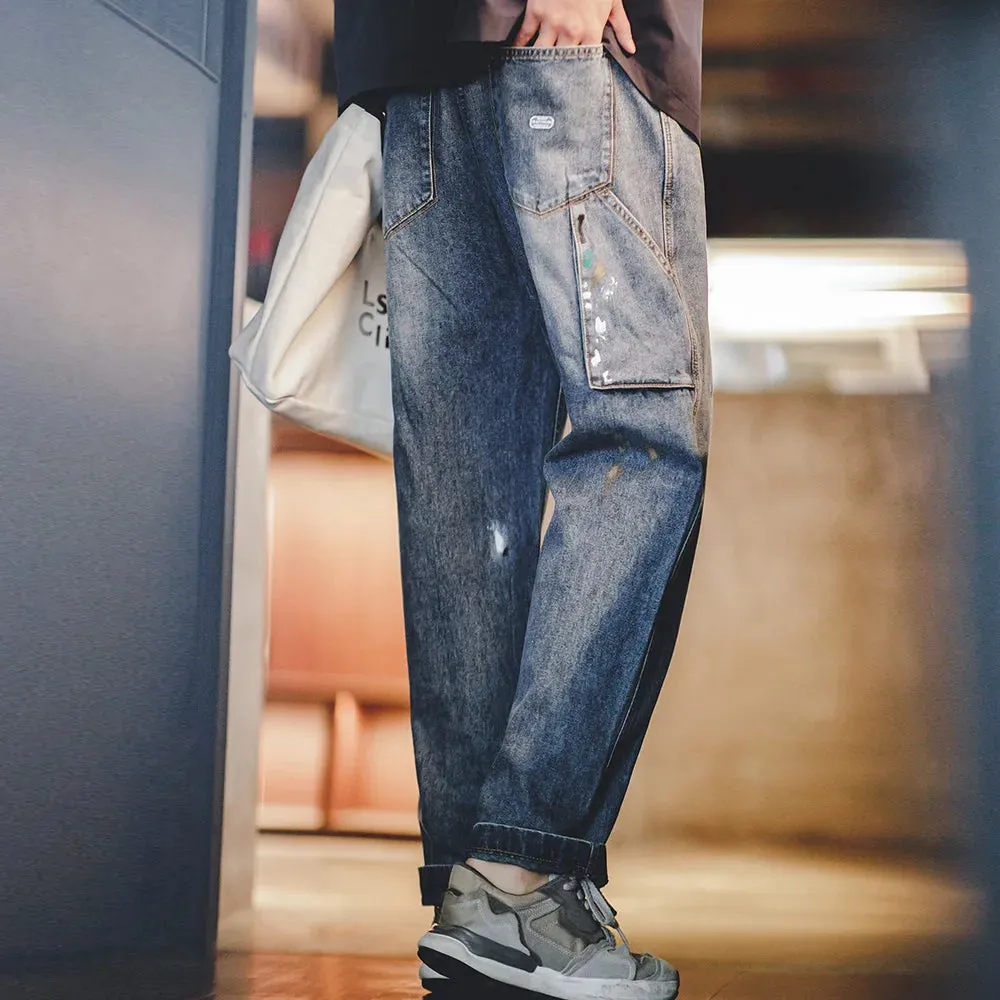 Mens Vintage Ink Graffiti Jeans - Light Blue Wash Straight Pants
