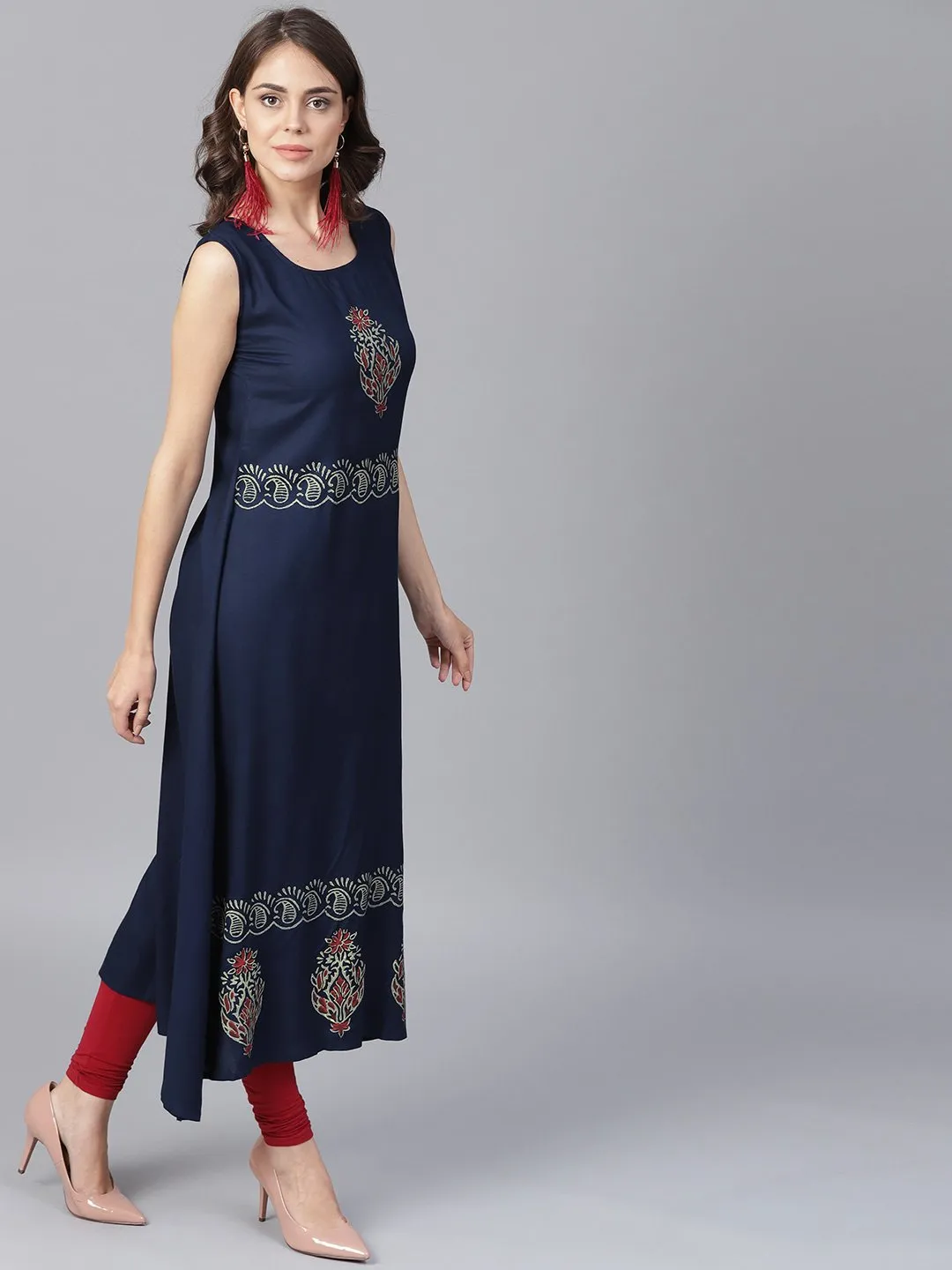 Navy Blue Block Printed Sleeveless Rayon A-Line Kurta