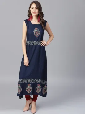 Navy Blue Block Printed Sleeveless Rayon A-Line Kurta