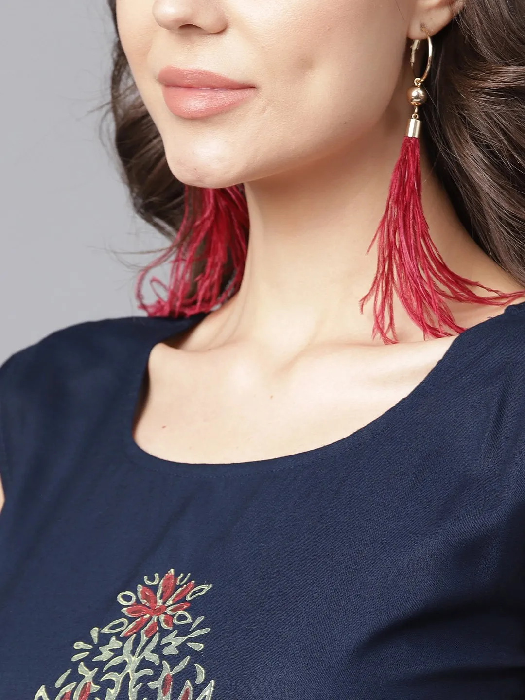 Navy Blue Block Printed Sleeveless Rayon A-Line Kurta