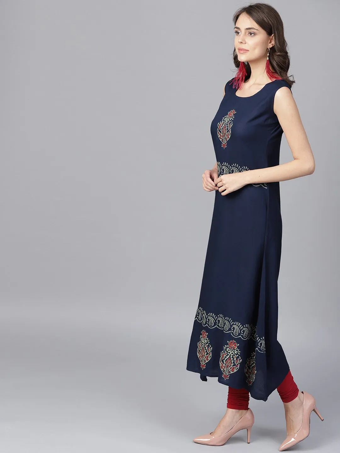 Navy Blue Block Printed Sleeveless Rayon A-Line Kurta