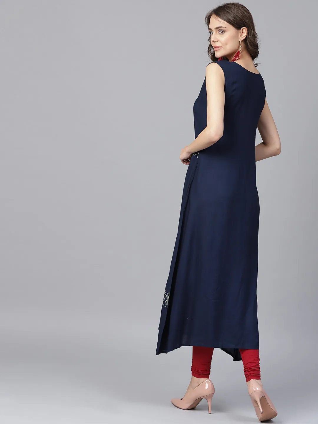 Navy Blue Block Printed Sleeveless Rayon A-Line Kurta