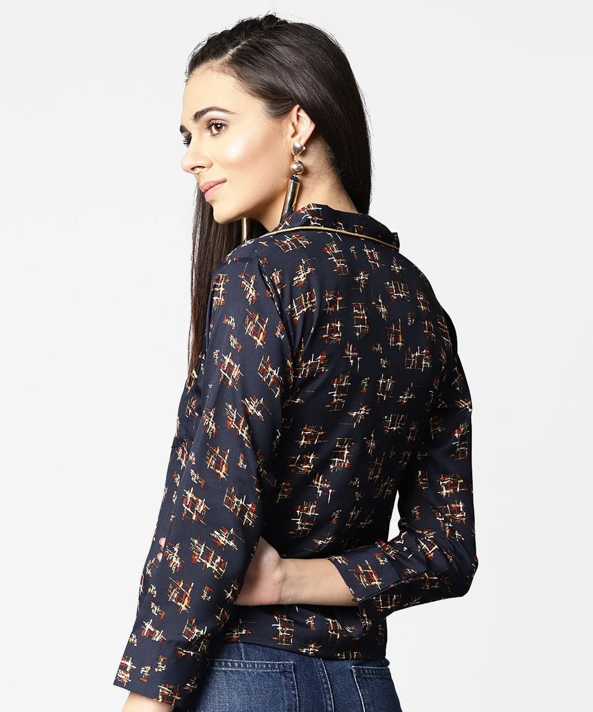 Navy Blue Front Placket Printed Top With Notched Collar & Full Sleeve
