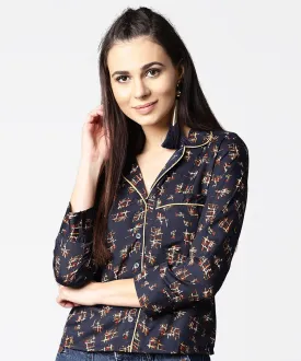 Navy Blue Front Placket Printed Top With Notched Collar & Full Sleeve