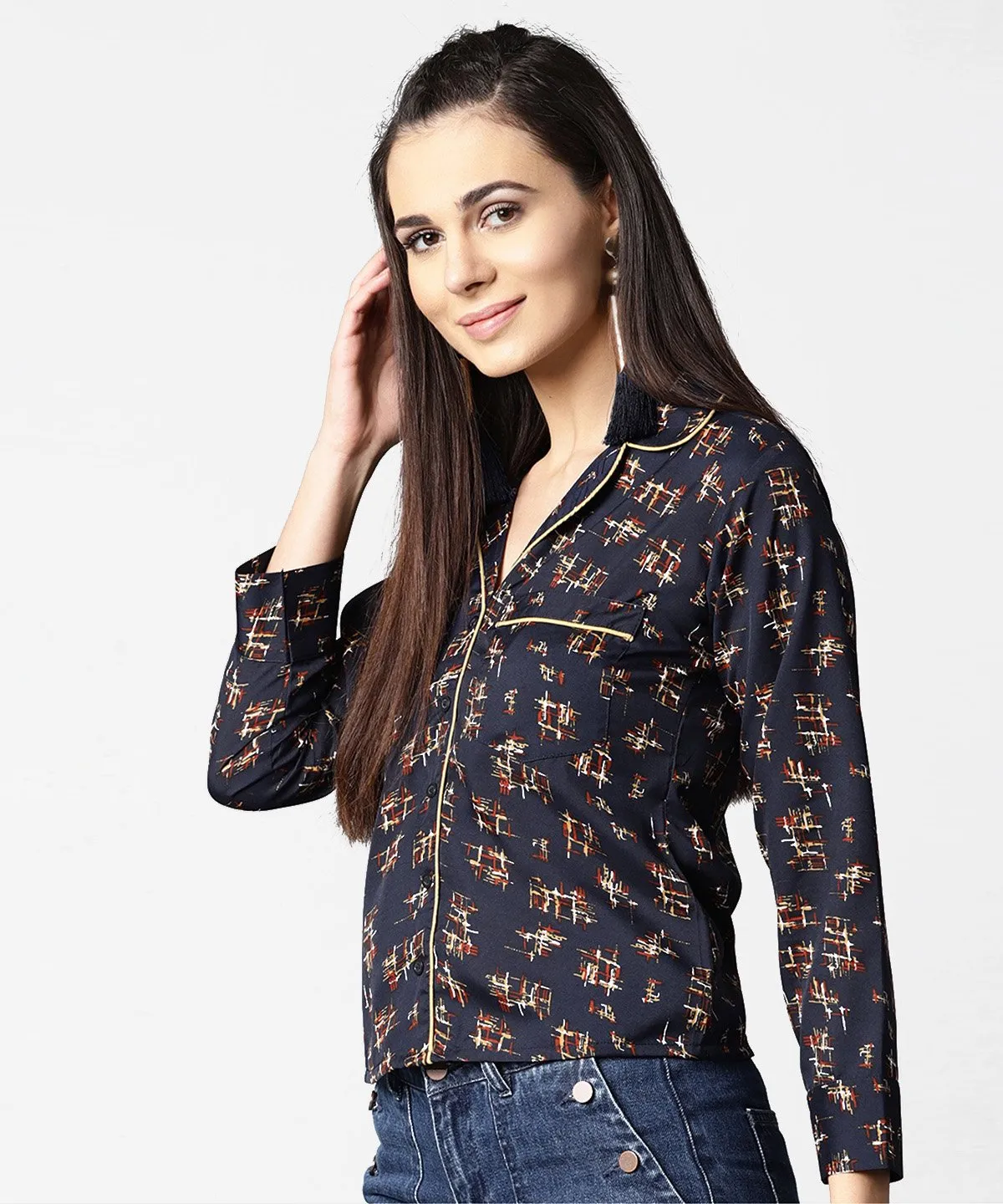 Navy Blue Front Placket Printed Top With Notched Collar & Full Sleeve
