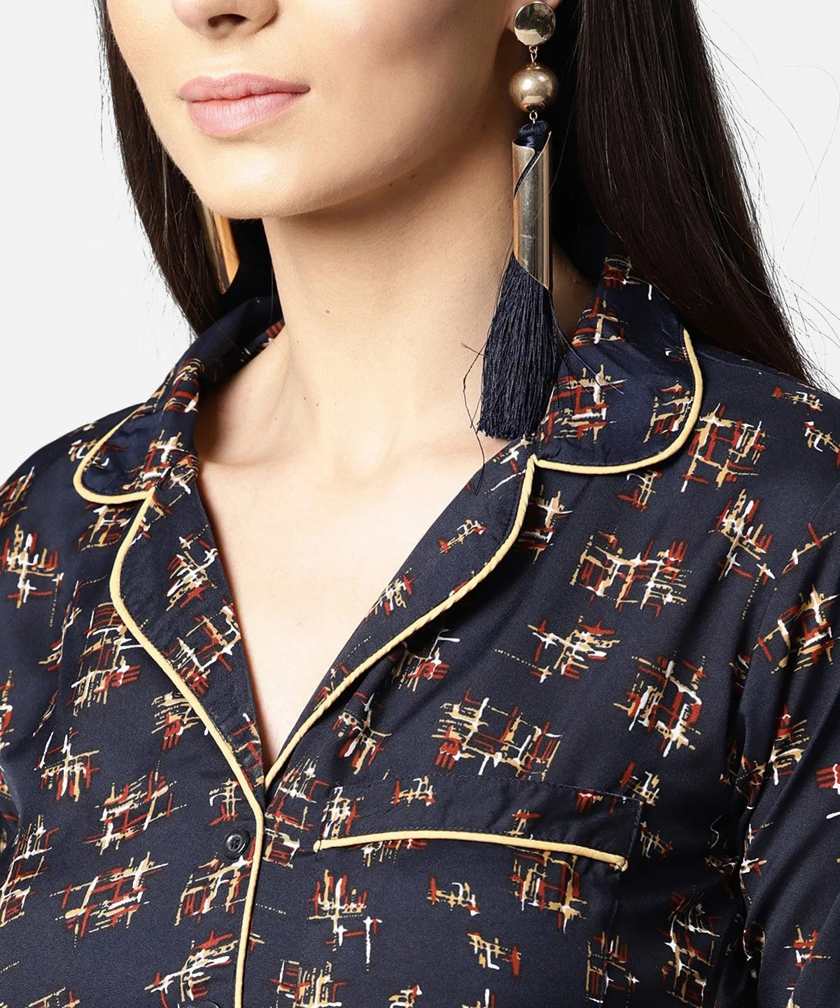 Navy Blue Front Placket Printed Top With Notched Collar & Full Sleeve