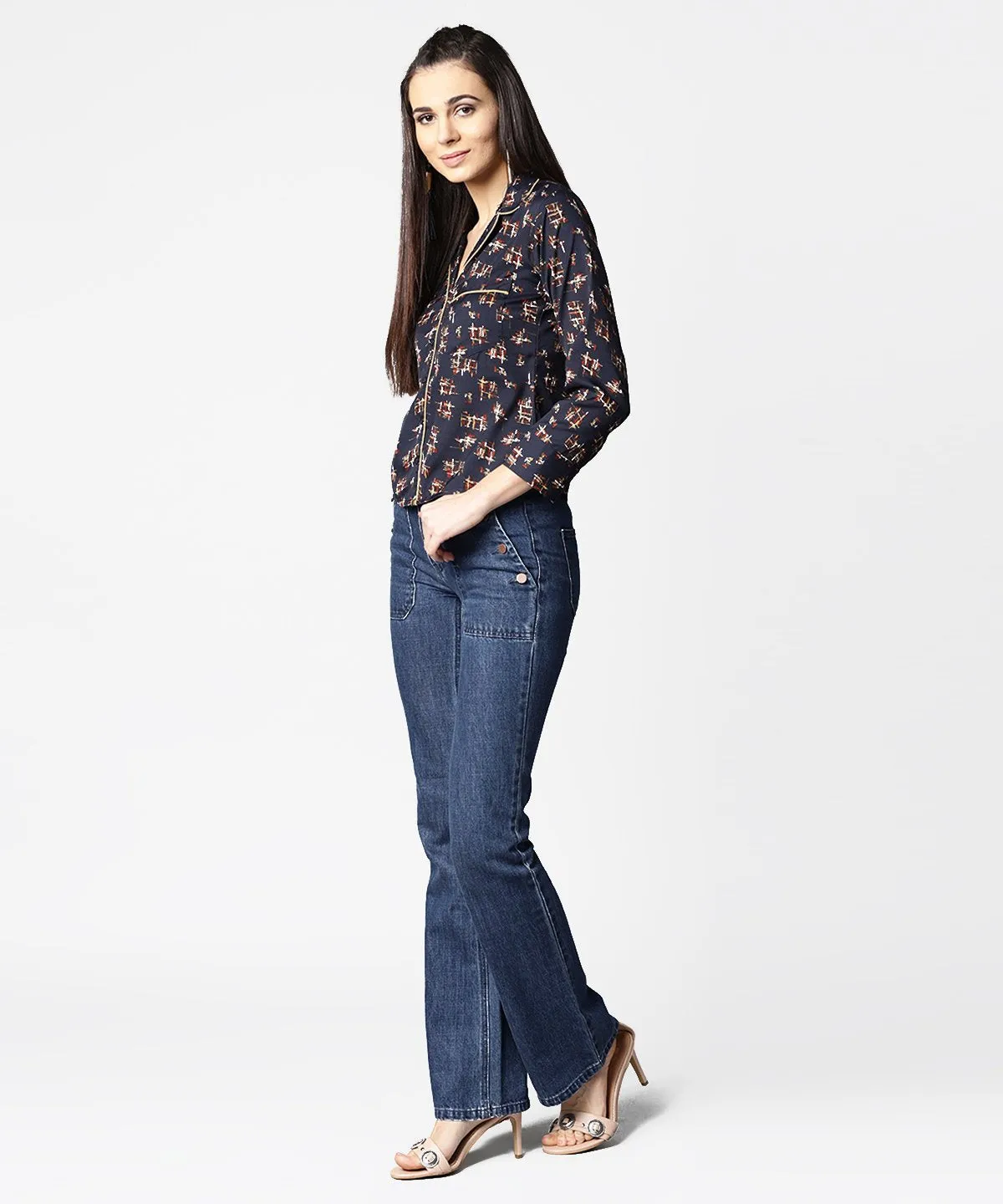 Navy Blue Front Placket Printed Top With Notched Collar & Full Sleeve