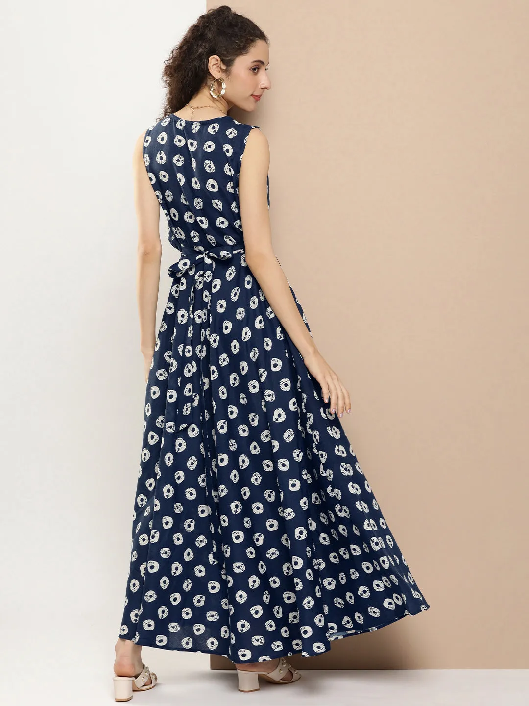 Navy Blue Printed Long Dress With Waist Belt