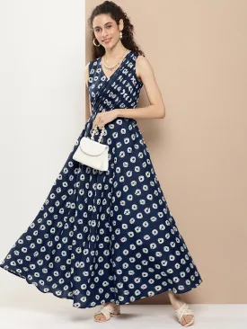 Navy Blue Printed Long Dress With Waist Belt