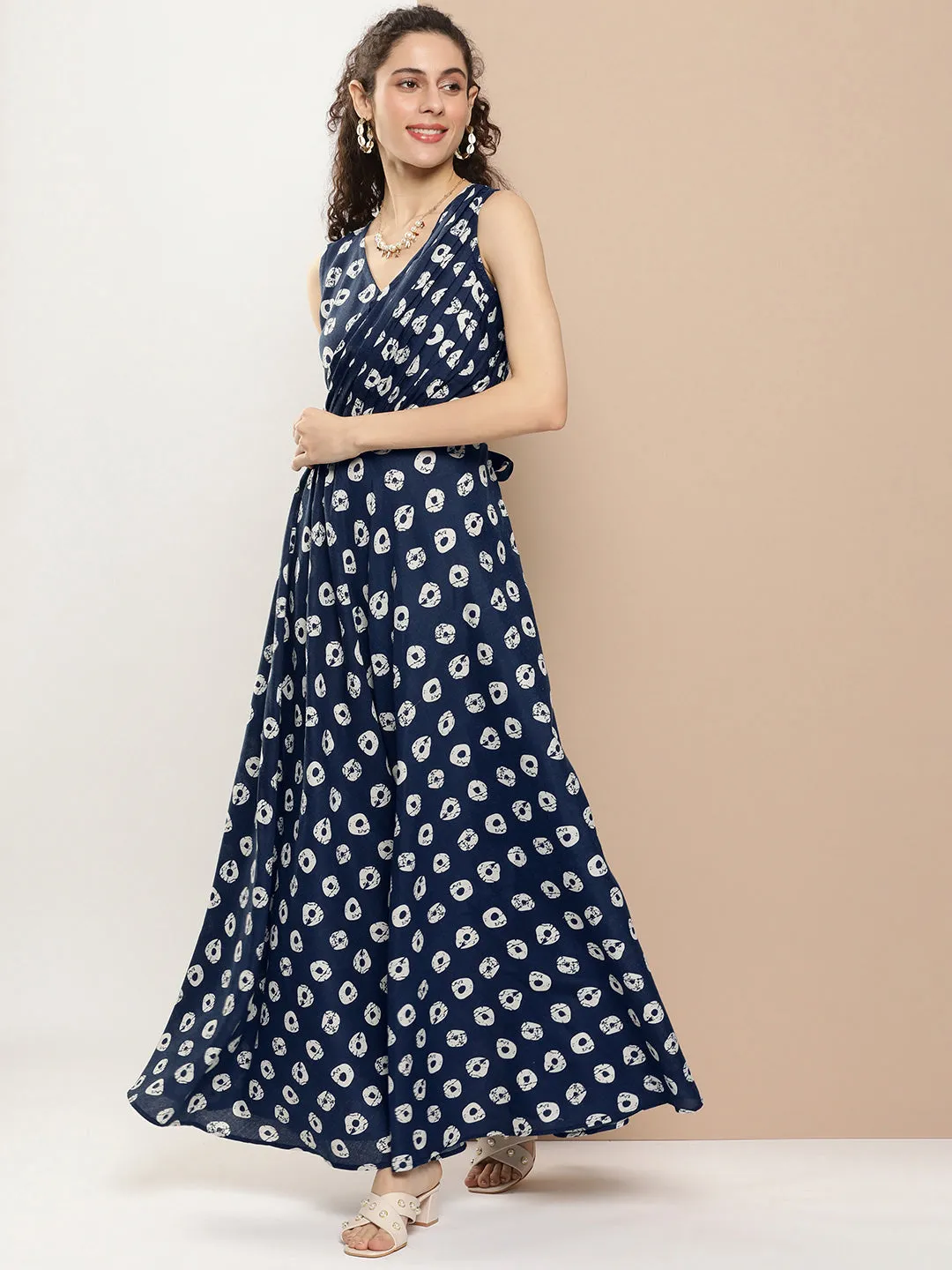 Navy Blue Printed Long Dress With Waist Belt