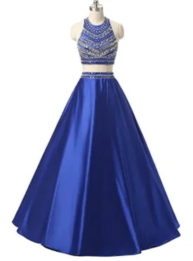 Navy Blue Satin Two Piece Halter Backless Prom Dress