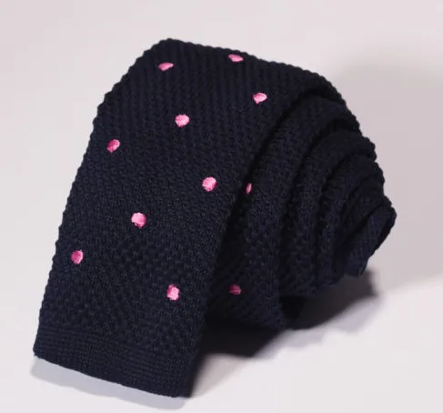 Navy Blue with Pink Polka Dots Skinny Knit Tie