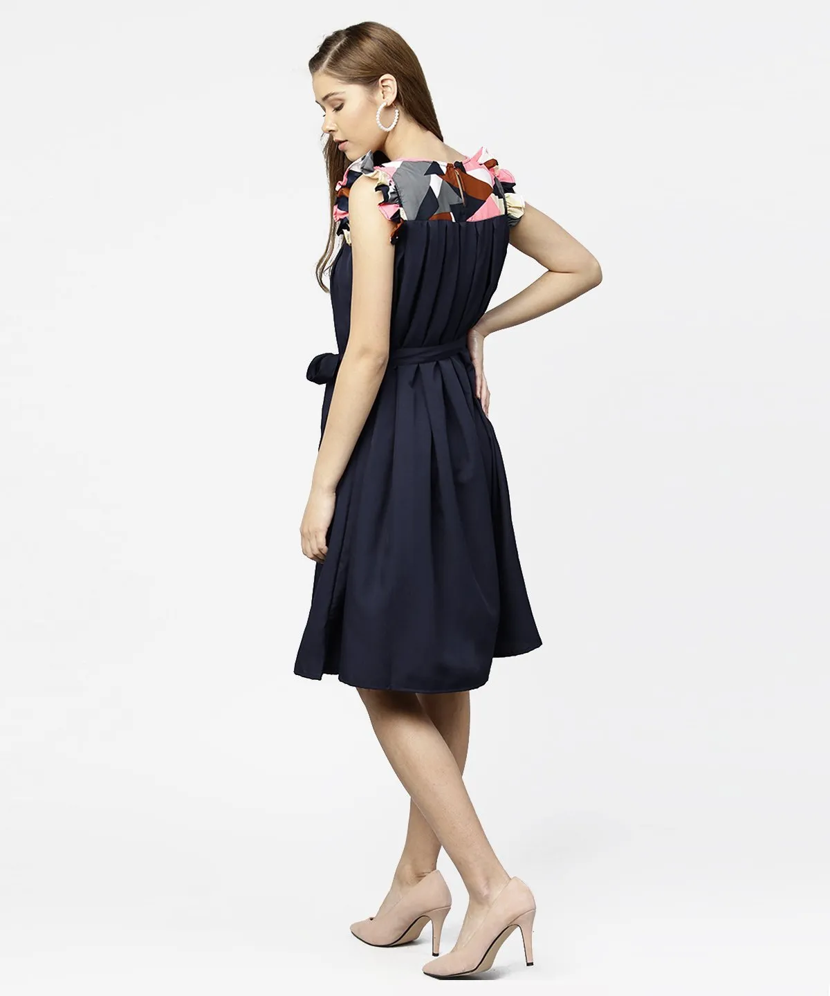Navy Blue Yoke Printed A-Line Pleated Dress With Belt
