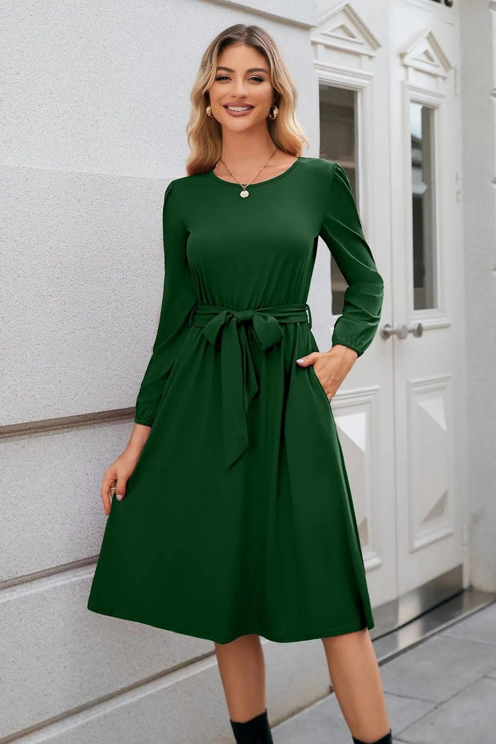 Newshows Womens 2024 Fall Long Sleeve Dress Casual Crewneck Belted A Line Flowy Midi Business Work Teacher Dresses