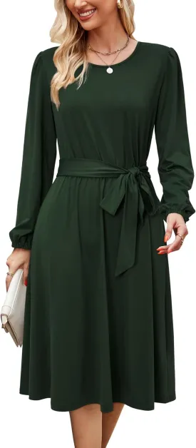 Newshows Womens 2024 Fall Long Sleeve Dress Casual Crewneck Belted A Line Flowy Midi Business Work Teacher Dresses