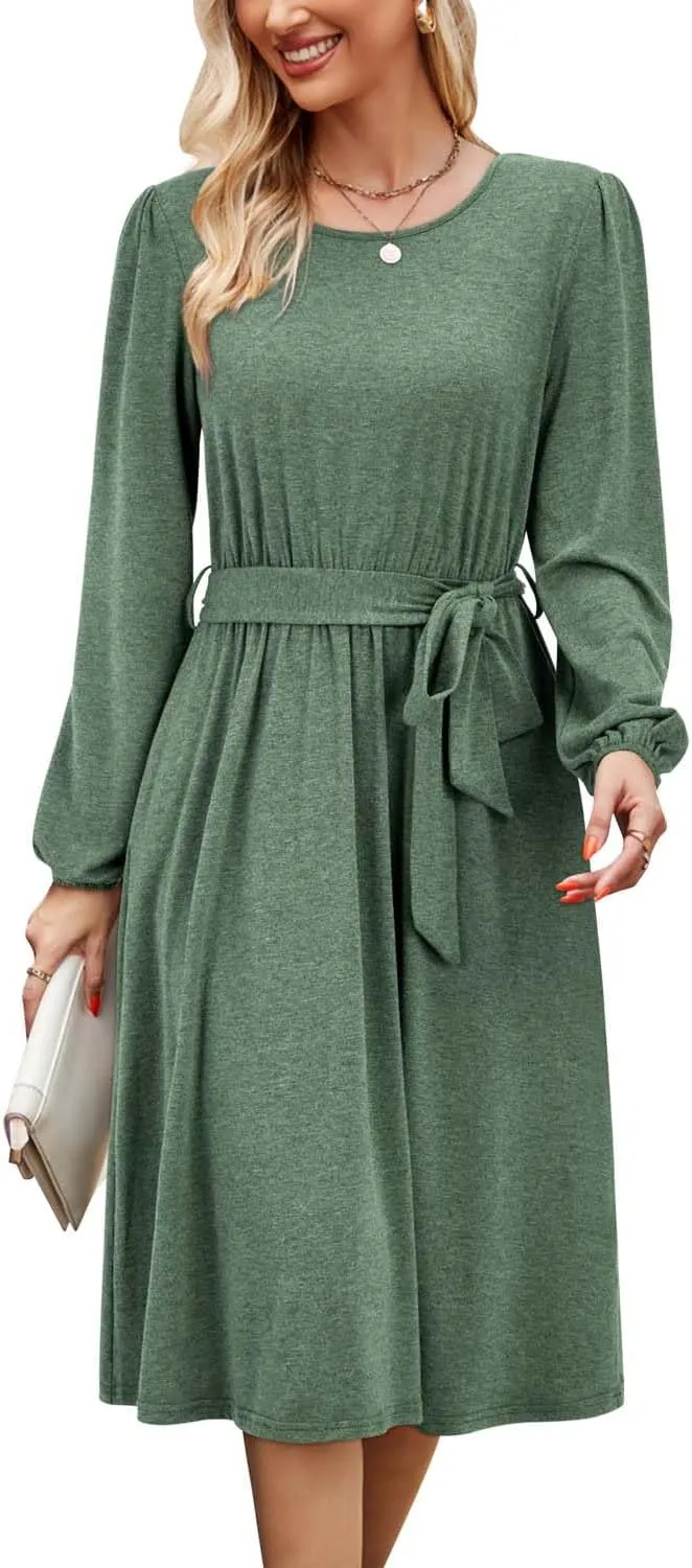 Newshows Womens 2024 Fall Long Sleeve Dress Casual Crewneck Belted A Line Flowy Midi Business Work Teacher Dresses