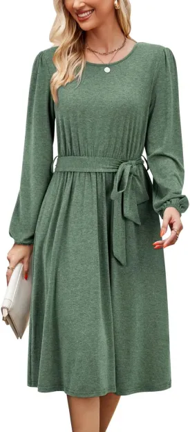 Newshows Womens 2024 Fall Long Sleeve Dress Casual Crewneck Belted A Line Flowy Midi Business Work Teacher Dresses