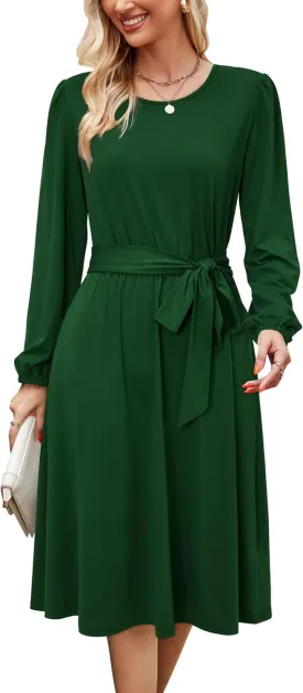 Newshows Womens 2024 Fall Long Sleeve Dress Casual Crewneck Belted A Line Flowy Midi Business Work Teacher Dresses
