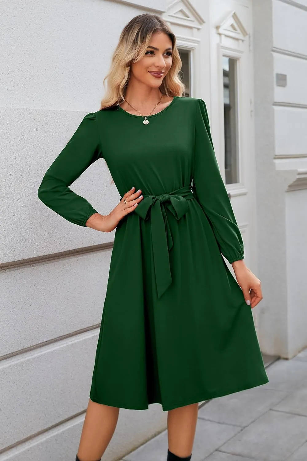 Newshows Womens 2024 Fall Long Sleeve Dress Casual Crewneck Belted A Line Flowy Midi Business Work Teacher Dresses