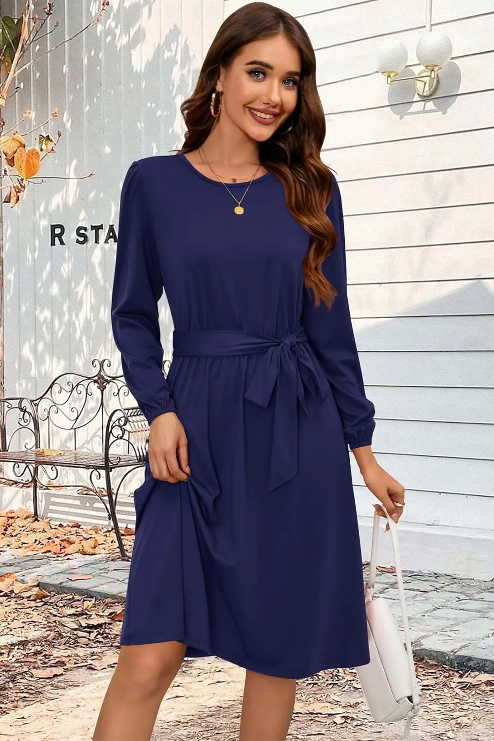 Newshows Womens 2024 Fall Long Sleeve Dress Casual Crewneck Belted A Line Flowy Midi Business Work Teacher Dresses