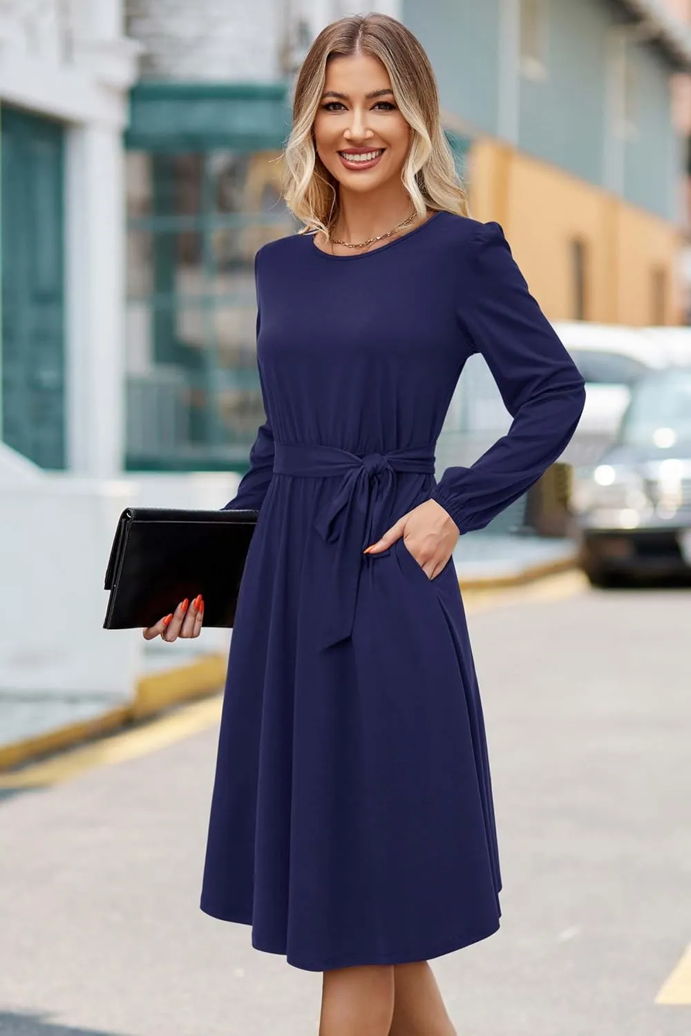 Newshows Womens 2024 Fall Long Sleeve Dress Casual Crewneck Belted A Line Flowy Midi Business Work Teacher Dresses