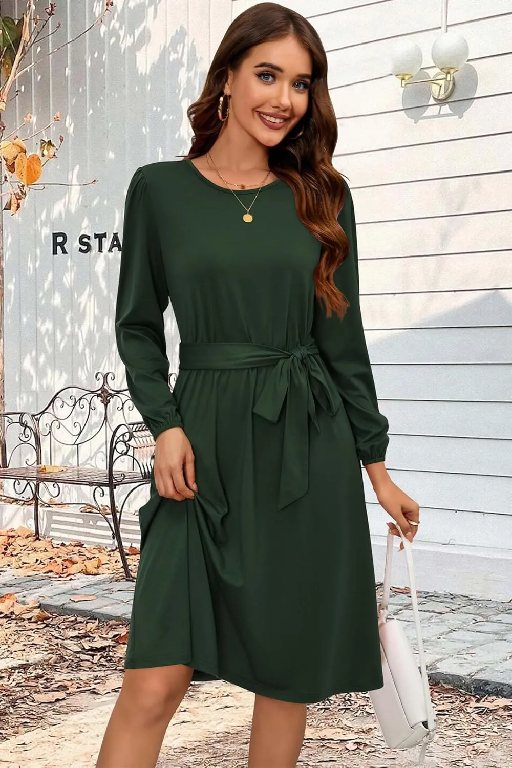 Newshows Womens 2024 Fall Long Sleeve Dress Casual Crewneck Belted A Line Flowy Midi Business Work Teacher Dresses