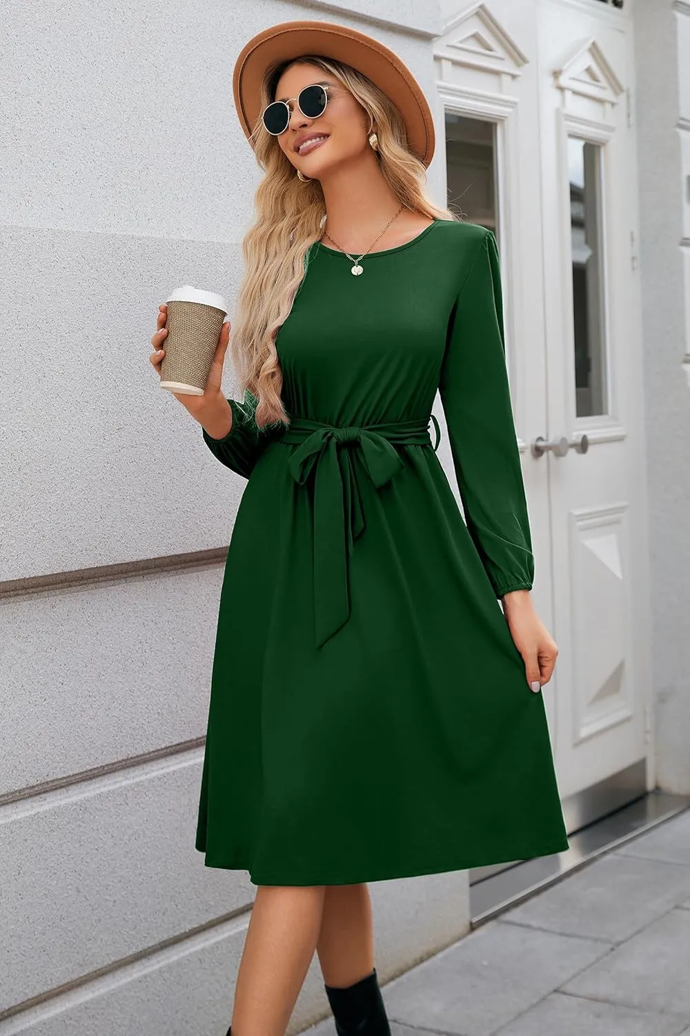 Newshows Womens 2024 Fall Long Sleeve Dress Casual Crewneck Belted A Line Flowy Midi Business Work Teacher Dresses