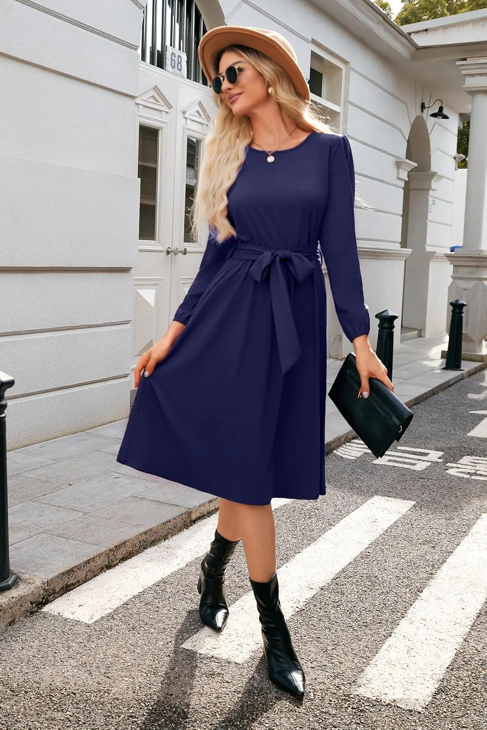 Newshows Womens 2024 Fall Long Sleeve Dress Casual Crewneck Belted A Line Flowy Midi Business Work Teacher Dresses