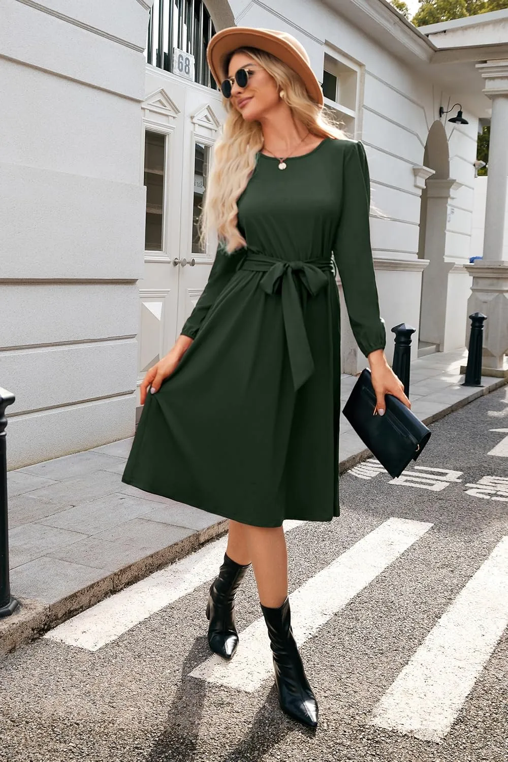 Newshows Womens 2024 Fall Long Sleeve Dress Casual Crewneck Belted A Line Flowy Midi Business Work Teacher Dresses