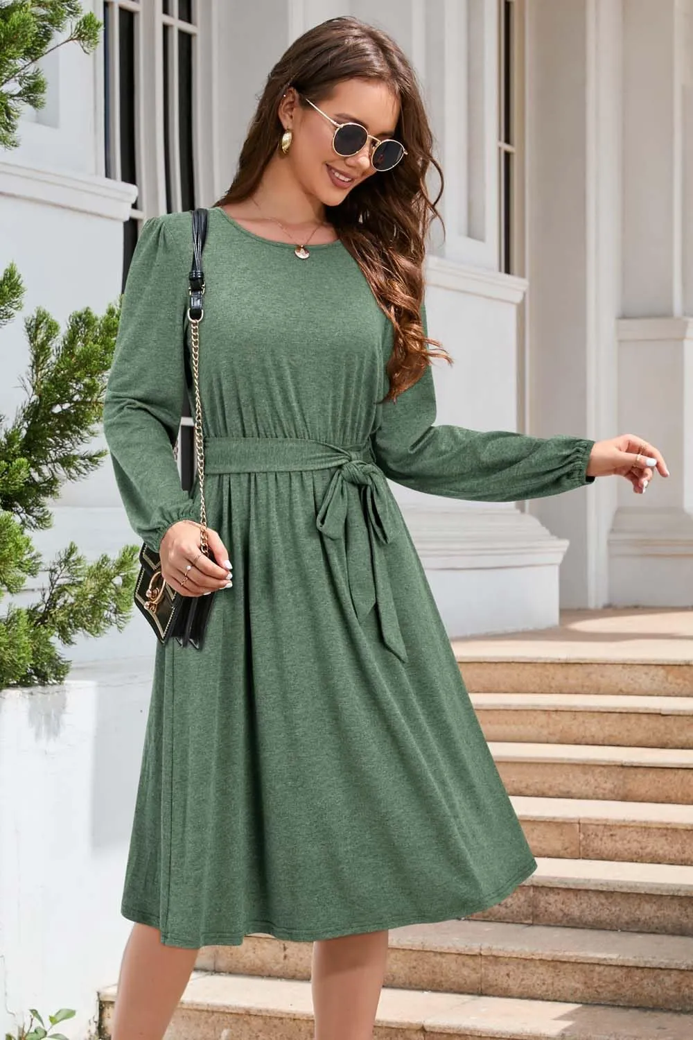 Newshows Womens 2024 Fall Long Sleeve Dress Casual Crewneck Belted A Line Flowy Midi Business Work Teacher Dresses