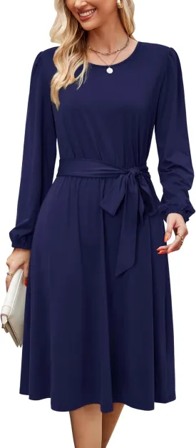 Newshows Womens 2024 Fall Long Sleeve Dress Casual Crewneck Belted A Line Flowy Midi Business Work Teacher Dresses
