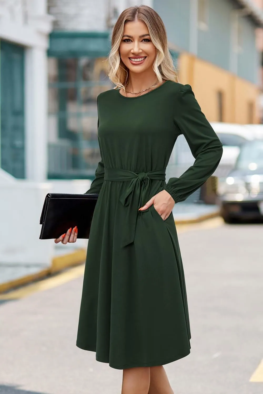 Newshows Womens 2024 Fall Long Sleeve Dress Casual Crewneck Belted A Line Flowy Midi Business Work Teacher Dresses
