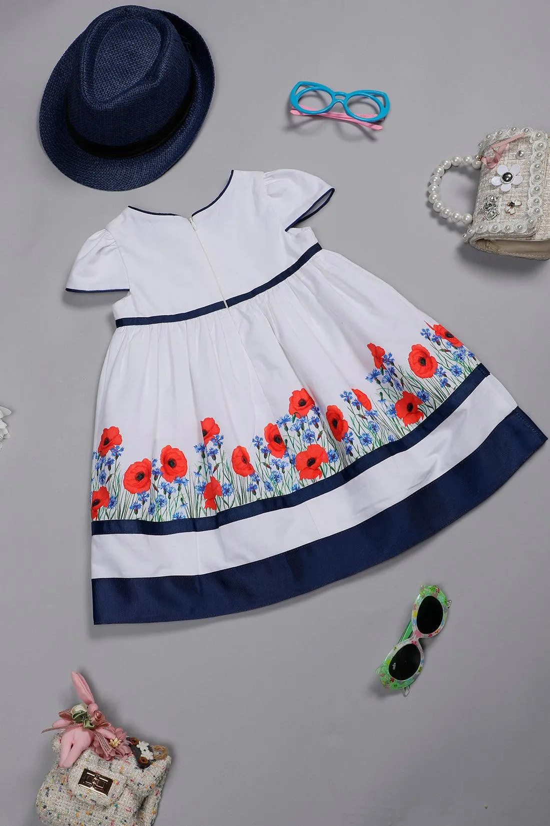 One Friday Infant Girls White Cotton Floral Printed Dress with Contrast Piping