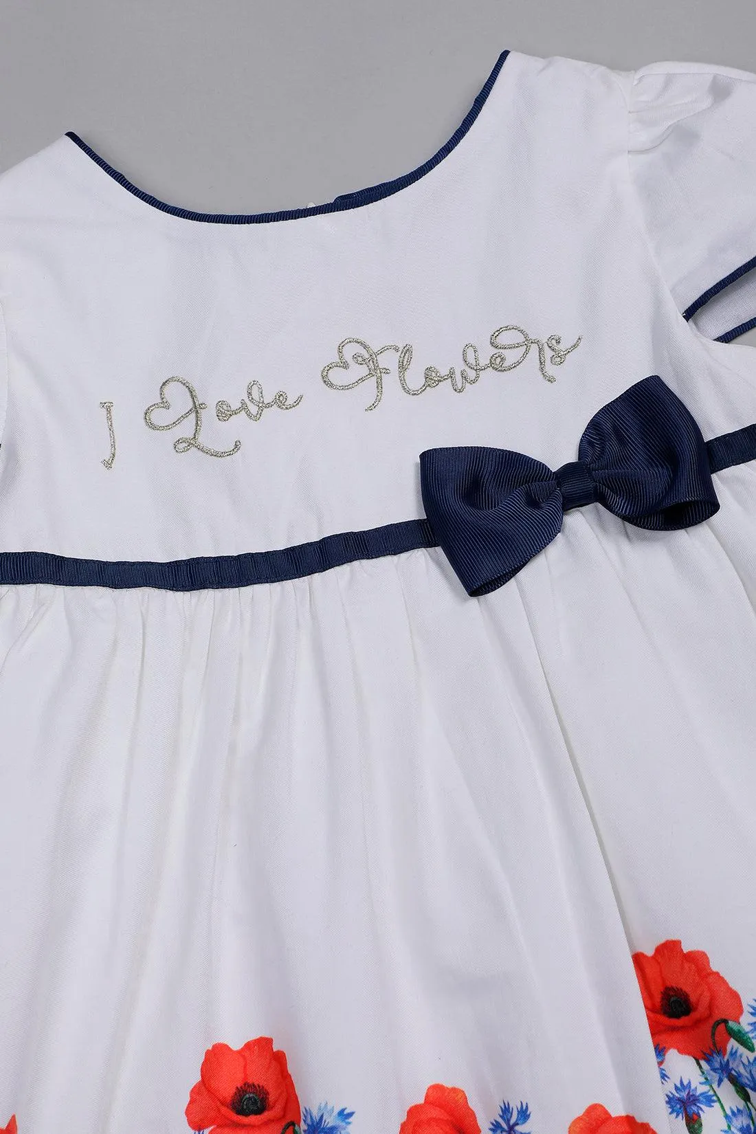 One Friday Infant Girls White Cotton Floral Printed Dress with Contrast Piping