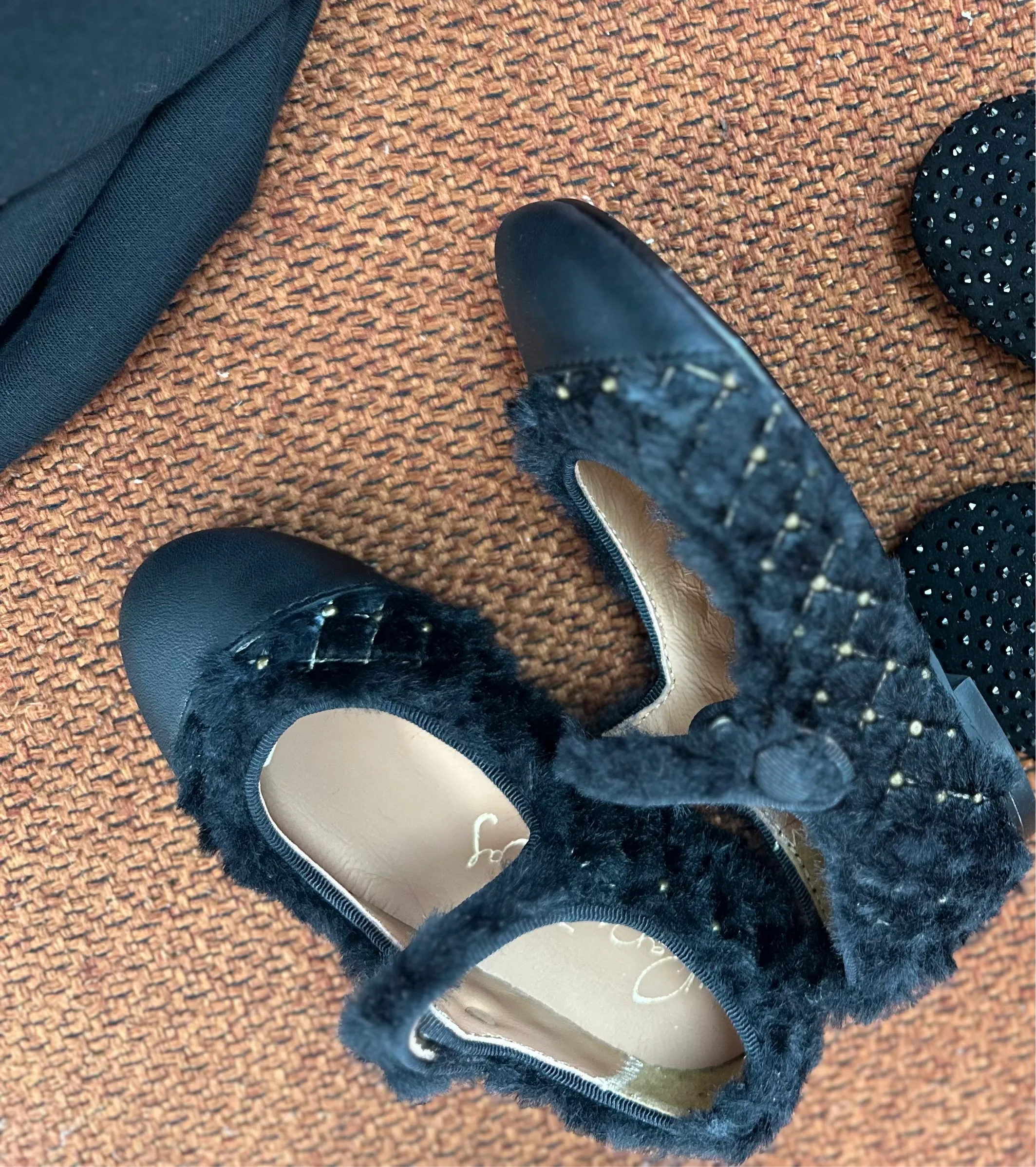 Papanatas Black Fur and Gold Stud Mary Jane
